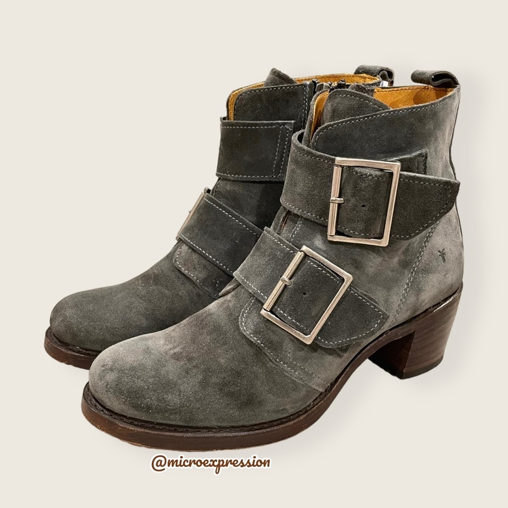 $399 Frye Sabrina Double Buckle Academia Grey Suede Leather Block Heel AnkleBoot - Picture 16 of 16